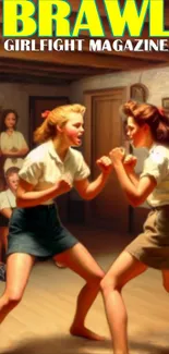 Two girls in a vintage fight scene with an audience watching intently.