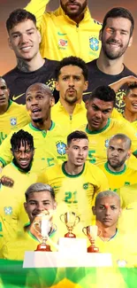 Brazilian football stars wallpaper with trophies and iconic yellow jerseys.