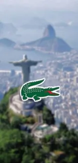 Christ the Redeemer with Lacoste logo over Rio cityscape.