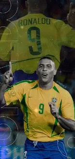 Brazilian soccer legend in yellow jersey celebrating a goal.