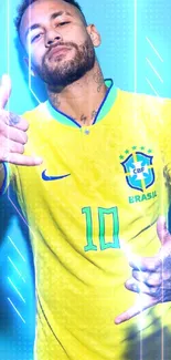 Brazilian soccer player in yellow jersey on vibrant wallpaper.