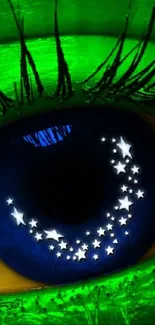 Closeup of an eye with Brazilian flag design in green, blue, and yellow.