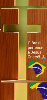 Wooden cross with Brazilian flag design and spiritual message.