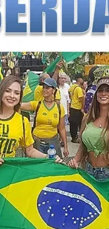 Women celebrating with Brazilian flag outdoors, vibrant festival atmosphere.