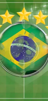 Brazilian flag with stars in a soccer-themed wallpaper.