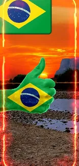 Brazilian flag sunset wallpaper with scenic river and glowing sky.