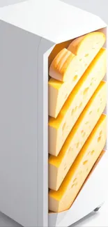 Artistic bread-filled tower on a phone wallpaper with light yellow tones.