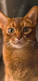 Close-up of an Abyssinian cat with striking green eyes.