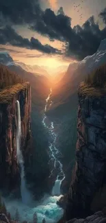 Majestic canyon at sunrise with waterfalls and vibrant sky.