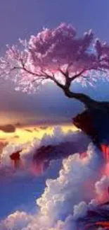 Cherry blossom tree on cliff against colorful sky.