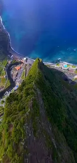 Aerial view of a lush green cliff meeting a blue ocean coastline.