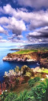 Breathtaking view of coastal cliffs with lush greenery and vibrant skies.