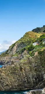 Mobile wallpaper of scenic coastal cliffs with blue sky and green landscape.