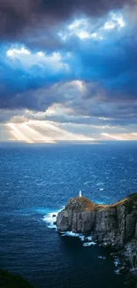 Coastal lighthouse with dramatic sky and ocean view.