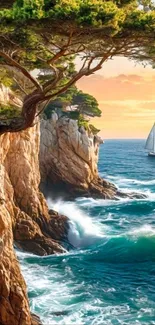 Breathtaking view of cliffs, ocean waves, and sailboat at sunset.