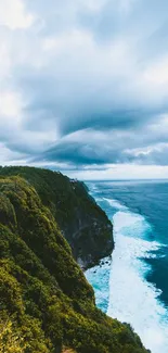 Stunning view of coastal cliffs with dramatic clouds over a blue ocean.