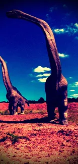 Dinosaurs under a vivid blue sky landscape.