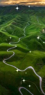 A winding road through lush green hills under a vibrant sky.