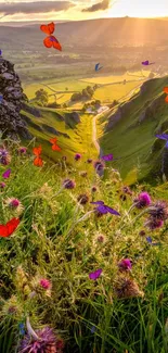 Scenic hilltop sunset with vibrant wildflowers and green hills.