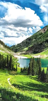 Mountain lake with lush greenery and blue sky.