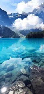 Turquoise mountain lake with rocky shore.