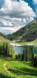 Breathtaking view of a mountain lake with lush greenery and a cloudy sky.