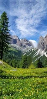 Stunning mountain vista with greenery and yellow flowers under a clear sky.