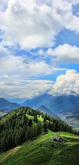 Stunning mountain landscape with green hills and dramatic sky.