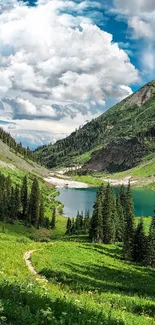 Breathtaking mountain landscape with a lake and green valleys.