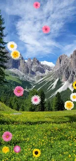 Mountain landscape with green meadows and blue sky.