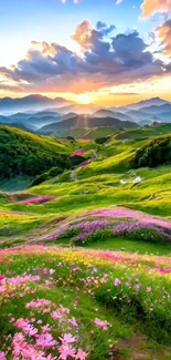 Sunrise over green mountains and colorful wildflowers.