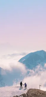 Two people stand on a snowy mountain with a cloudy sky backdrop.