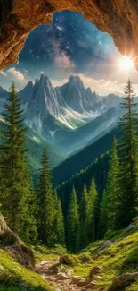 Mountain view through cave with sunlight and trees.