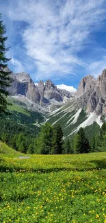 Vibrant mountain landscape with green meadows and blue sky.