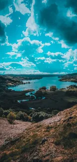 Breathtaking mountain landscape with vibrant teal sky and serene lake.