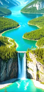 Stunning mountain waterfall with turquoise river and green forest.