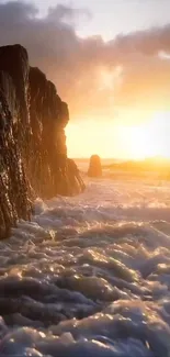 Golden sunset over ocean waves with rocky shoreline.