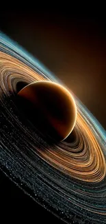 Illustrated planet with stunning rings in space.