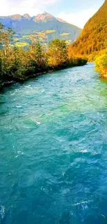 Serene river flowing through a mountain landscape with lush forest.