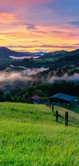 Stunning landscape wallpaper with green hills and a colorful sunset sky.