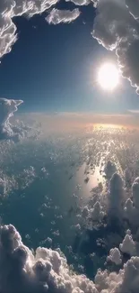 Sky with fluffy clouds surrounding a bright sun.