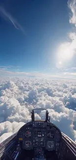Cockpit view soaring over clouds under a bright sky.