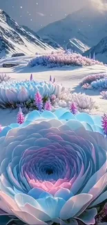 Snowy mountain landscape with blooming flowers and vibrant colors.
