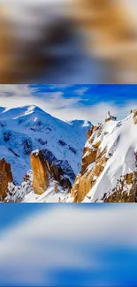 Snow-covered mountain peaks under a clear blue sky.