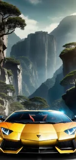 Yellow sports car in stunning natural landscape with cliffs.