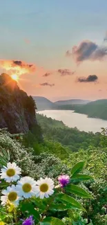 A breathtaking sunset over a lush, flowered river valley with vibrant sky colors.