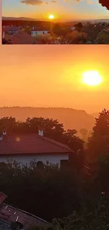 Vibrant orange sunset over village rooftops with trees and distant hills.