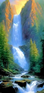 Stunning waterfall flowing through a lush green forest under a bright, clear sky.