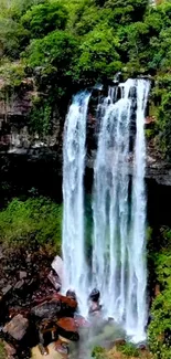 Lush green waterfall landscape mobile wallpaper.