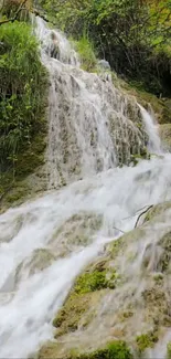 Serene waterfall over mossy rocks wallpaper.